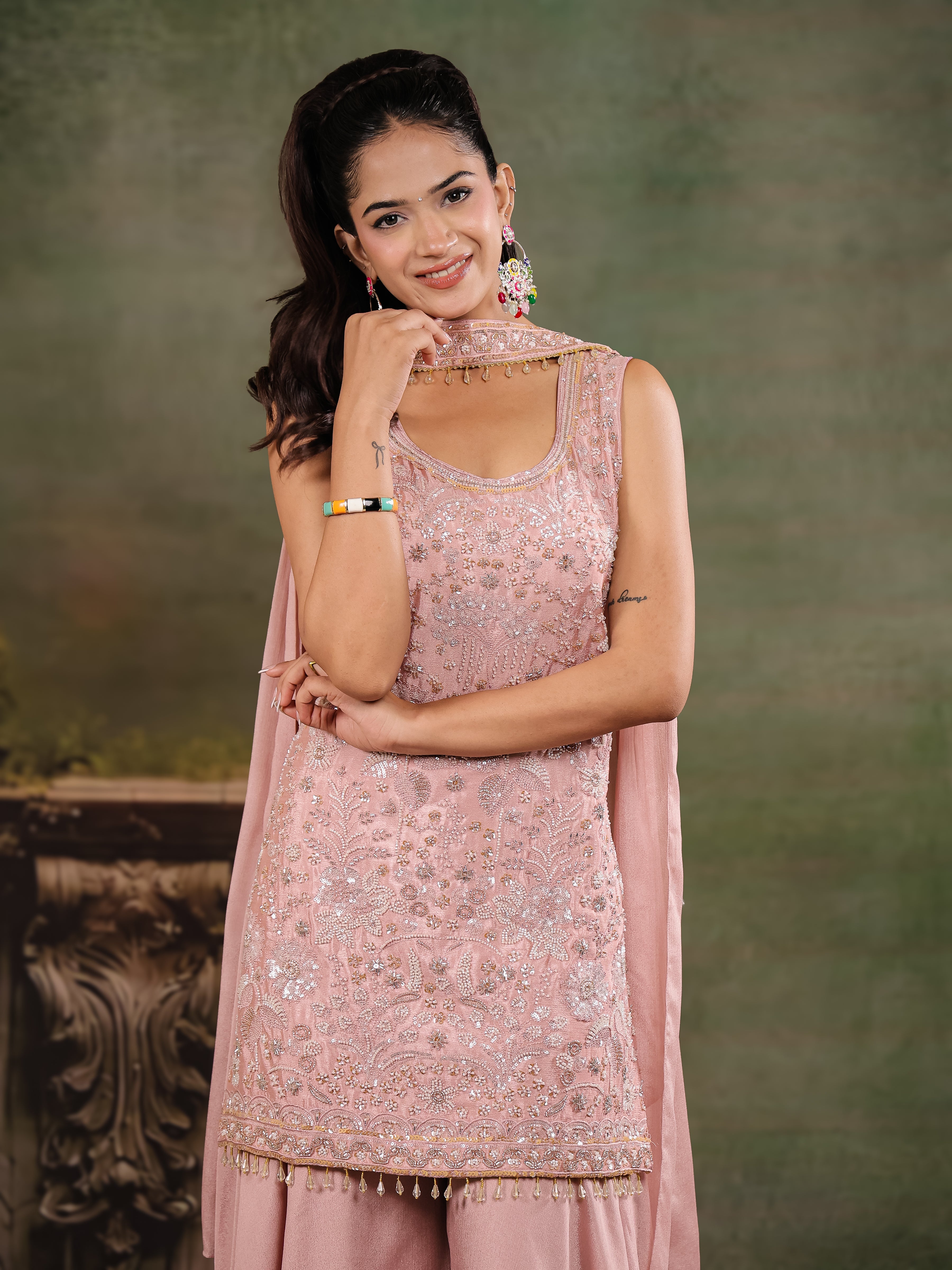 Blush Pink Embroidered Kurta Set with Wide-Leg Palazzo & Matching Dupatta
