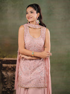 Blush Pink Embroidered Kurta Set with Wide-Leg Palazzo & Matching Dupatta