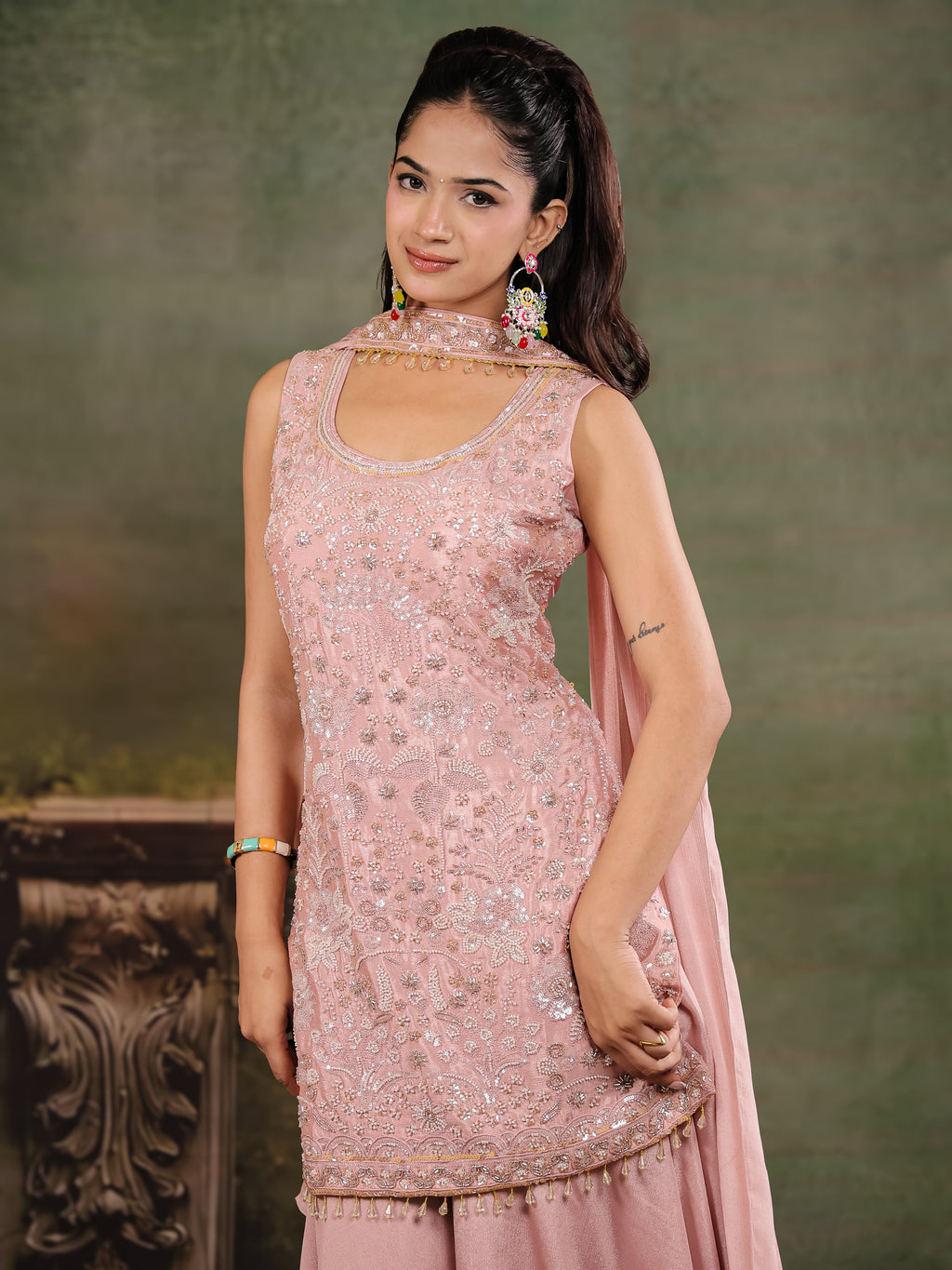Blush Pink Embroidered Kurta Set with Wide-Leg Palazzo & Matching Dupatta