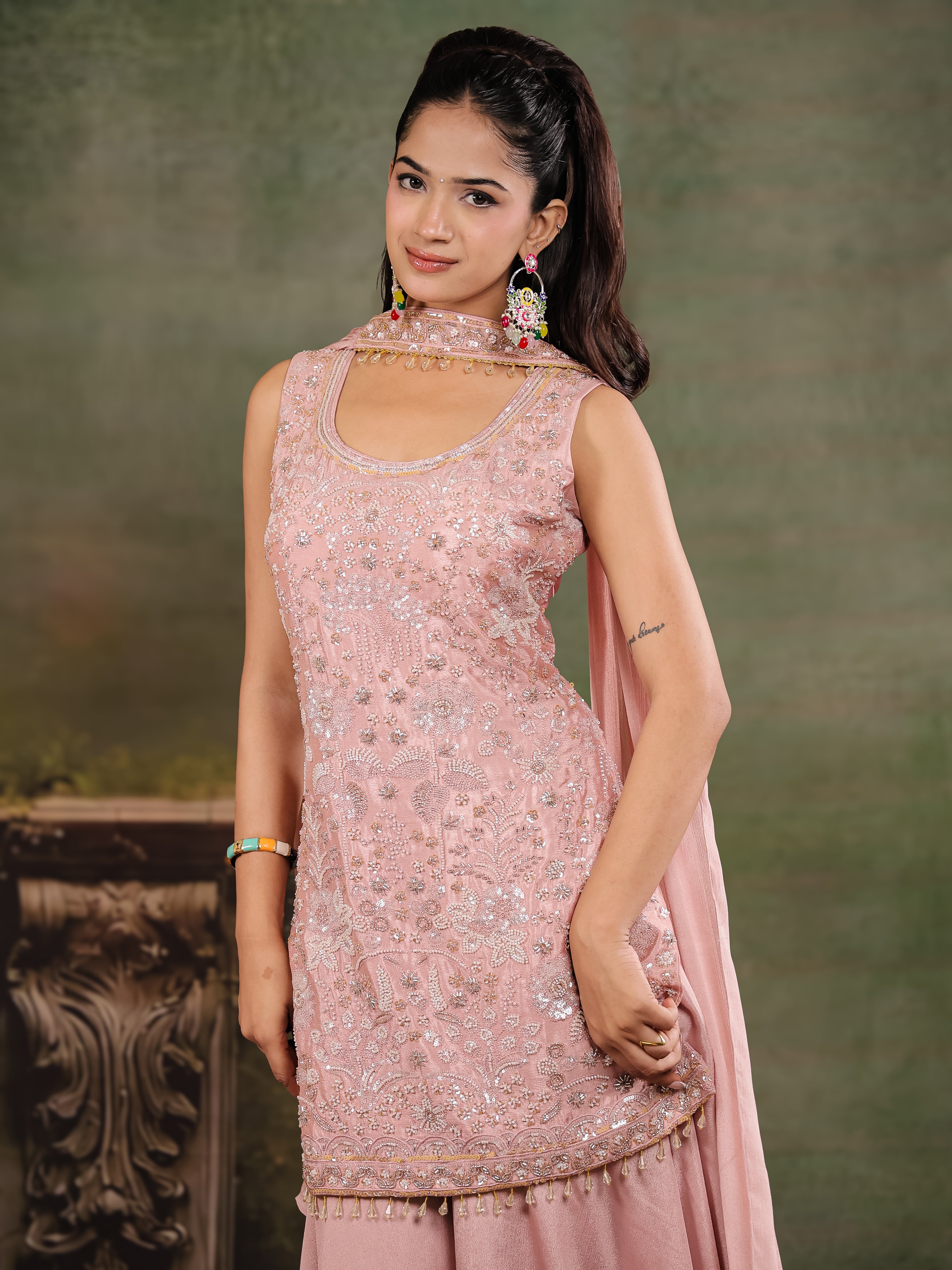 Blush Pink Embroidered Kurta Set with Wide-Leg Palazzo & Matching Dupatta