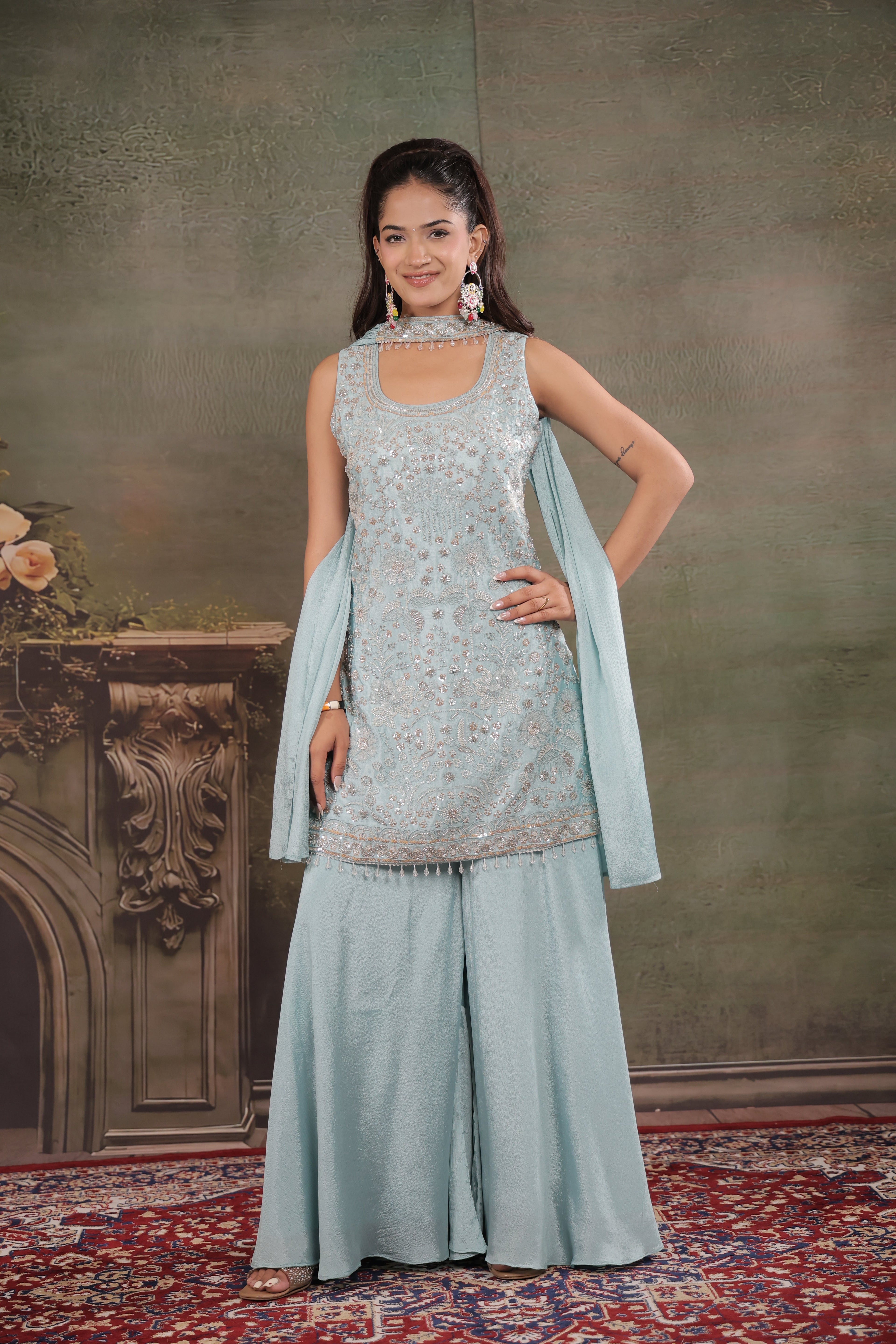 Powder Blue Embroidered Kurta Set with Wide-Leg Palazzo & Matching Dupatta
