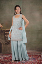 Powder Blue Embroidered Kurta Set with Wide-Leg Palazzo & Matching Dupatta