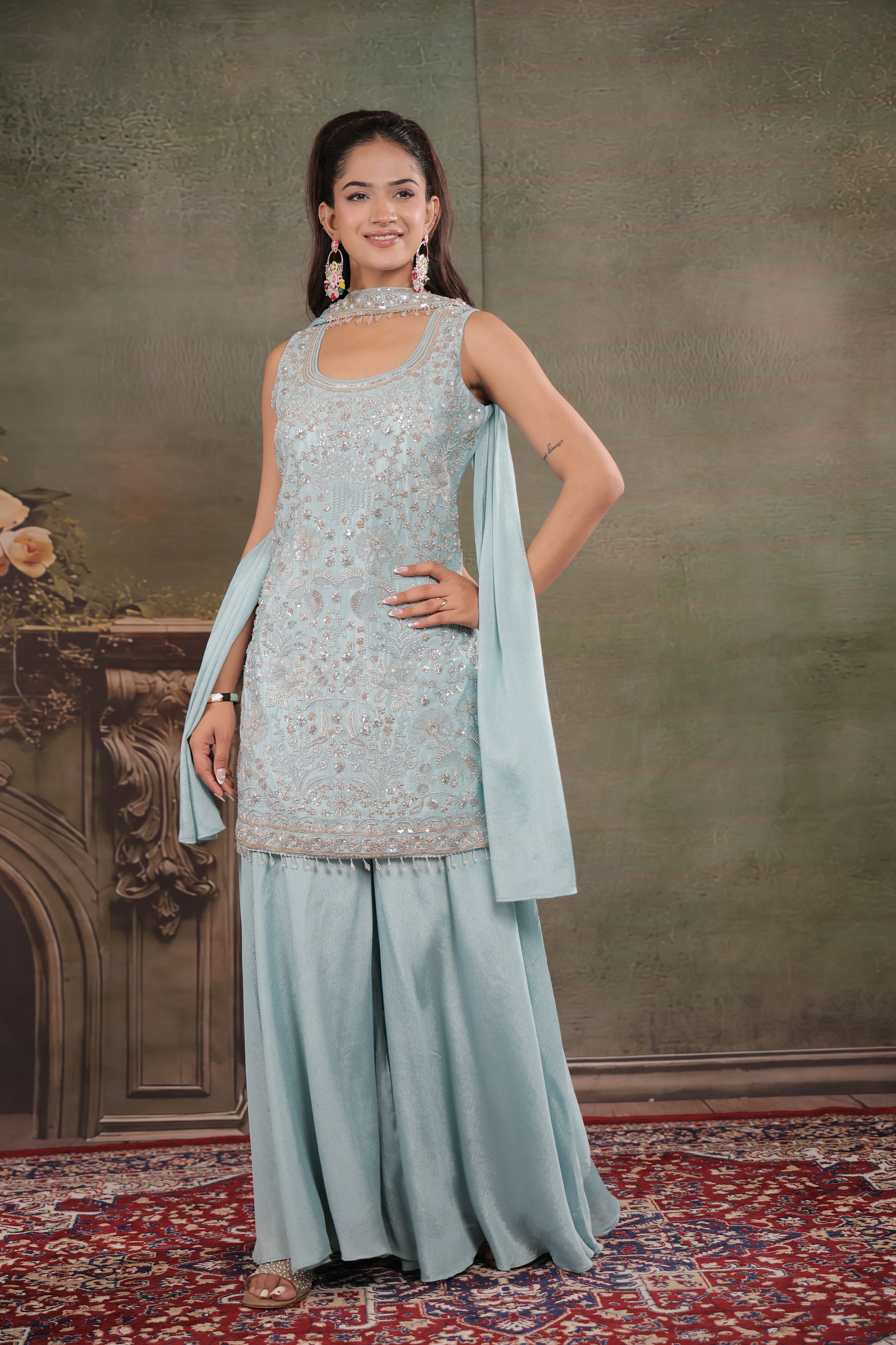 Powder Blue Embroidered Kurta Set with Wide-Leg Palazzo & Matching Dupatta