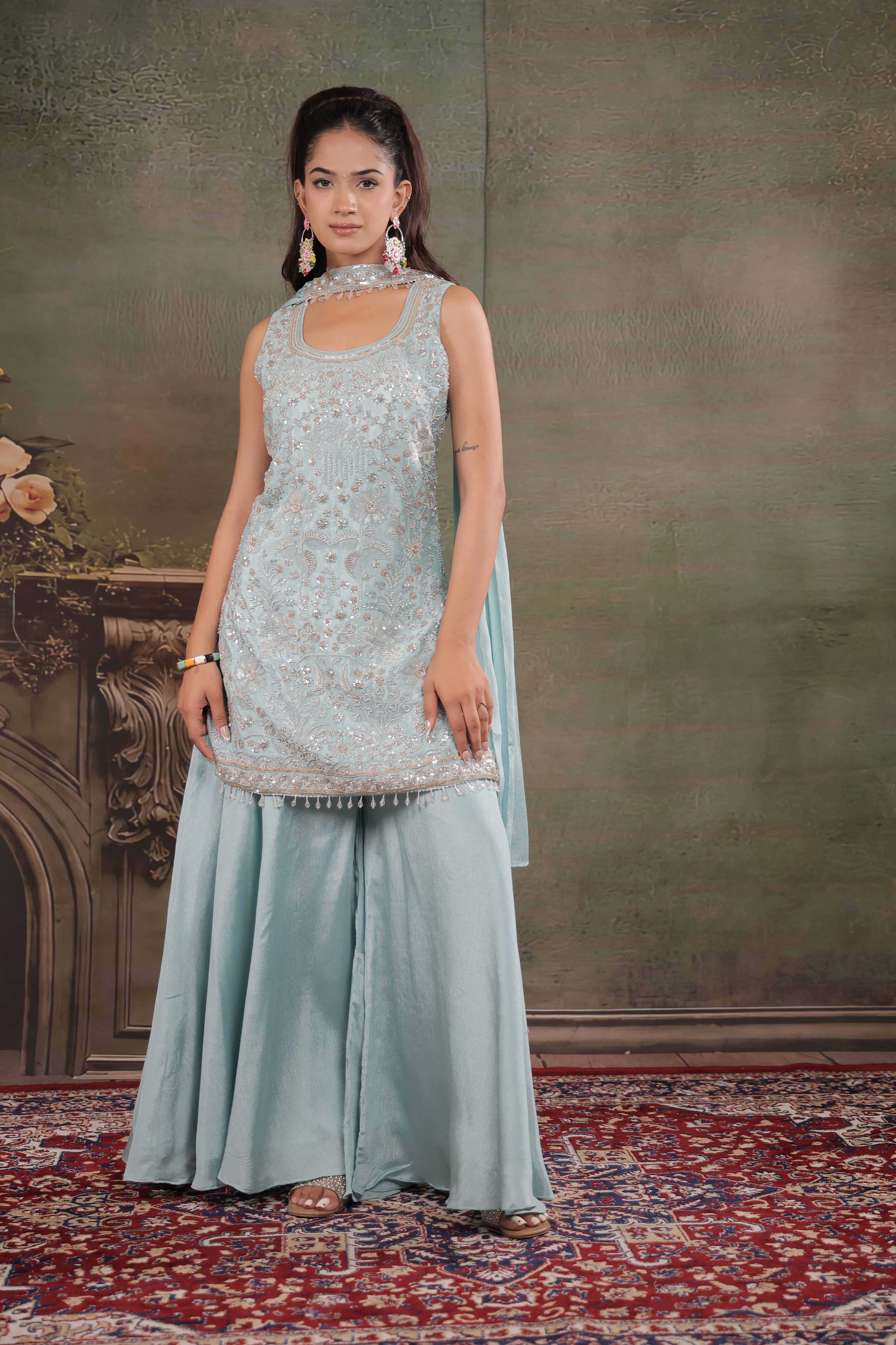 Powder Blue Embroidered Kurta Set with Wide-Leg Palazzo & Matching Dupatta