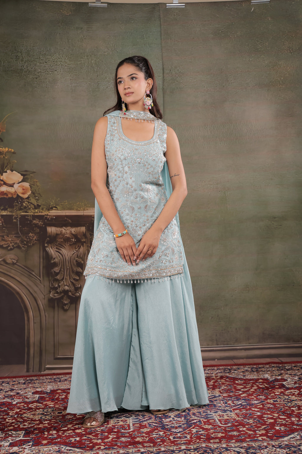 Powder Blue Embroidered Kurta Set with Wide-Leg Palazzo & Matching Dupatta