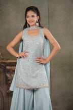 Powder Blue Embroidered Kurta Set with Wide-Leg Palazzo & Matching Dupatta