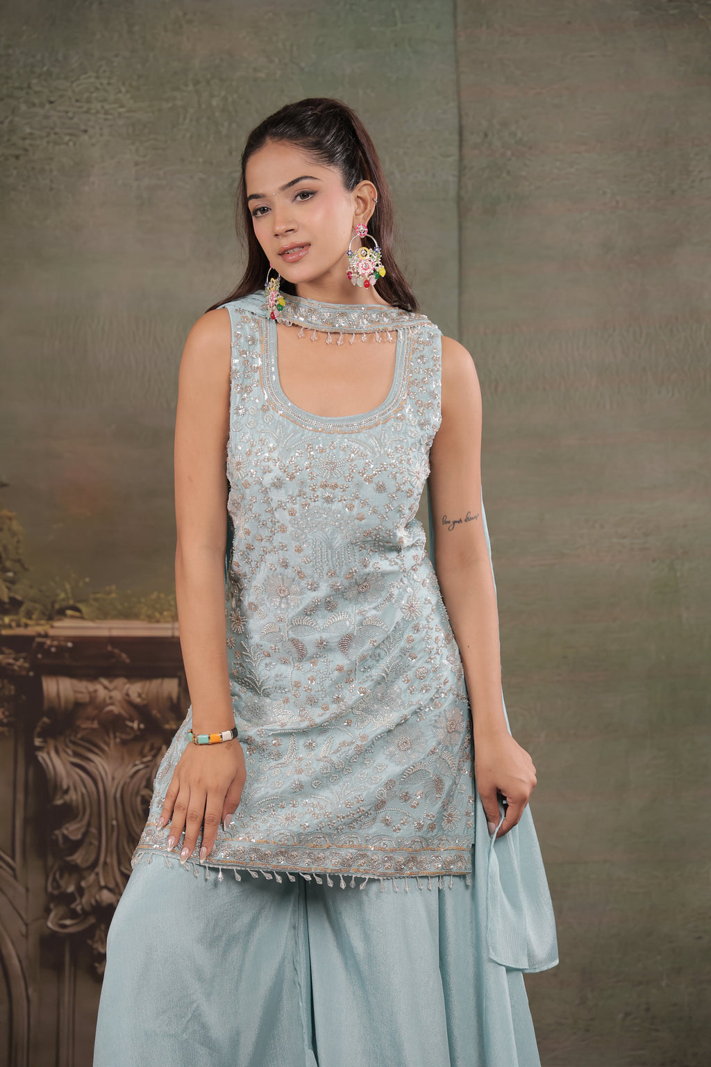 Powder Blue Embroidered Kurta Set with Wide-Leg Palazzo & Matching Dupatta