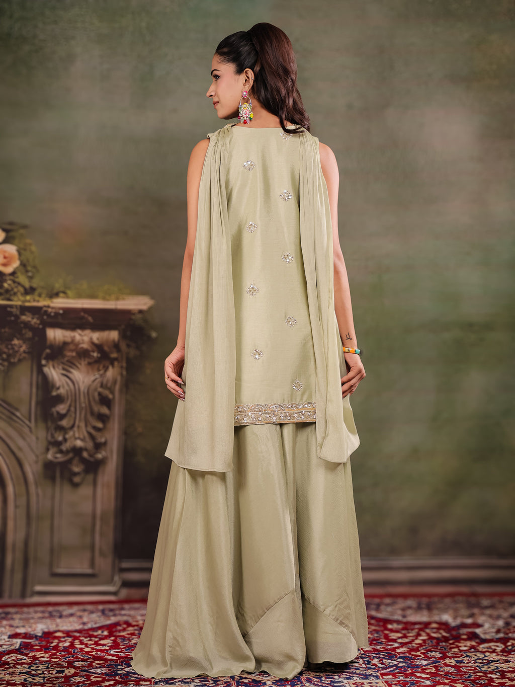 Sage Green Embroidered Kurta Set with Wide-Leg Palazzo & Matching Dupatta