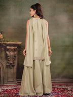 Sage Green Embroidered Kurta Set with Wide-Leg Palazzo & Matching Dupatta