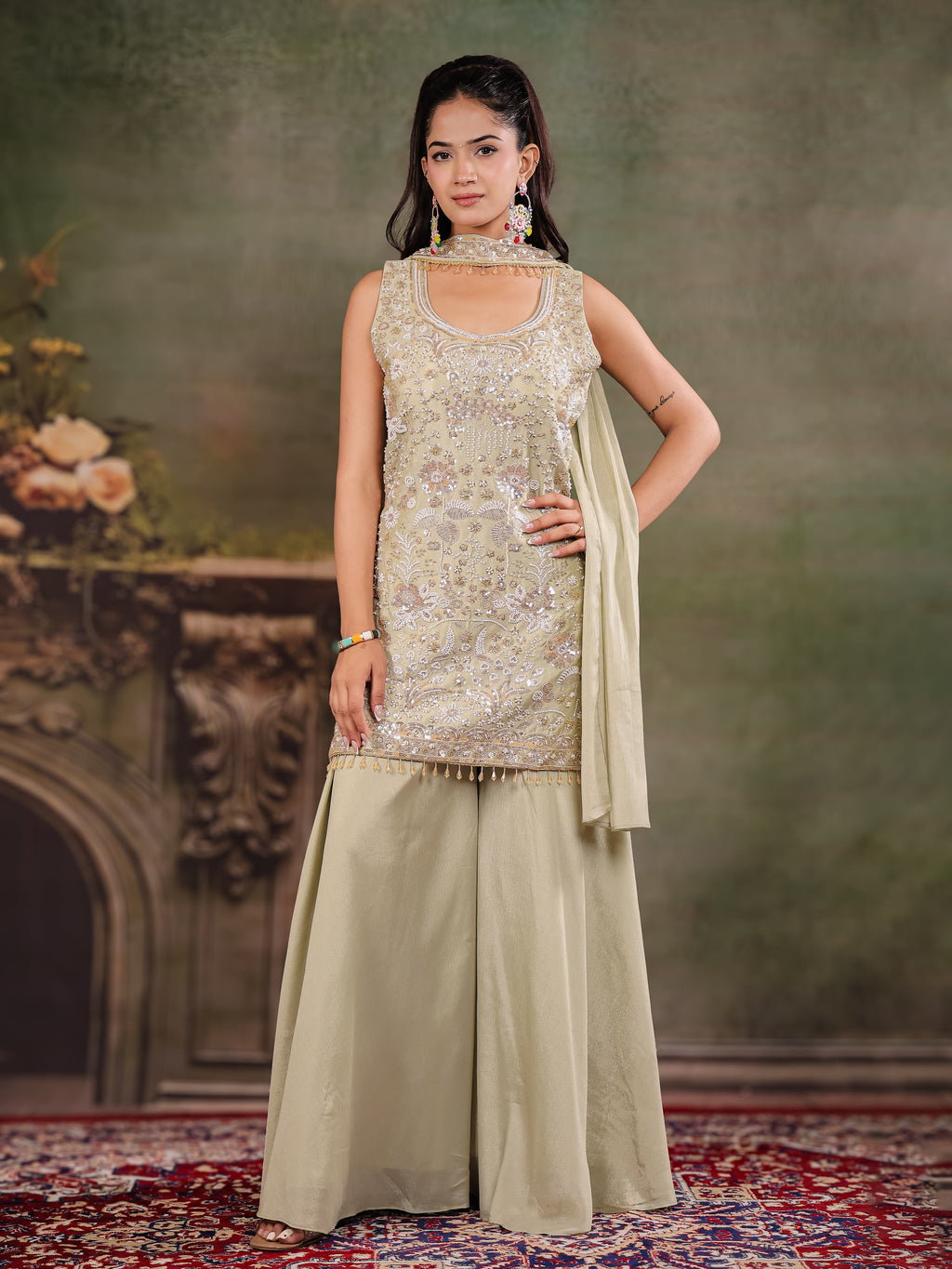 Sage Green Embroidered Kurta Set with Wide-Leg Palazzo & Matching Dupatta