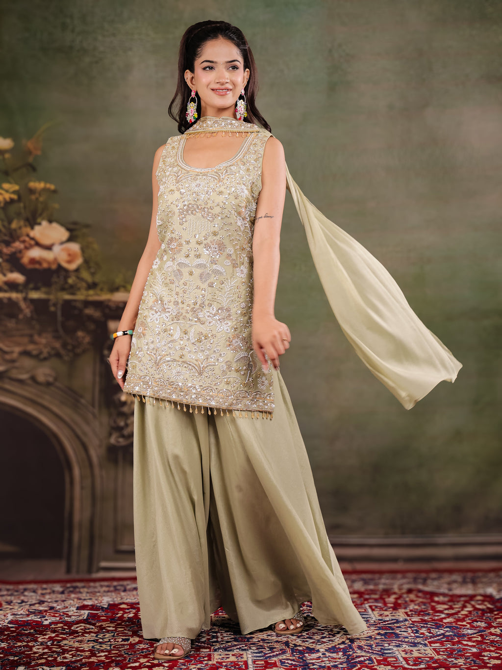 Sage Green Embroidered Kurta Set with Wide-Leg Palazzo & Matching Dupatta