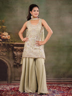 Sage Green Embroidered Kurta Set with Wide-Leg Palazzo & Matching Dupatta