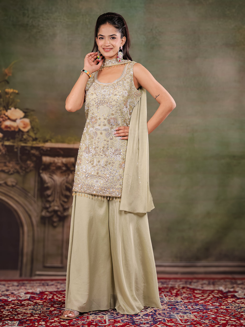 Sage Green Embroidered Kurta Set with Wide-Leg Palazzo & Matching Dupatta