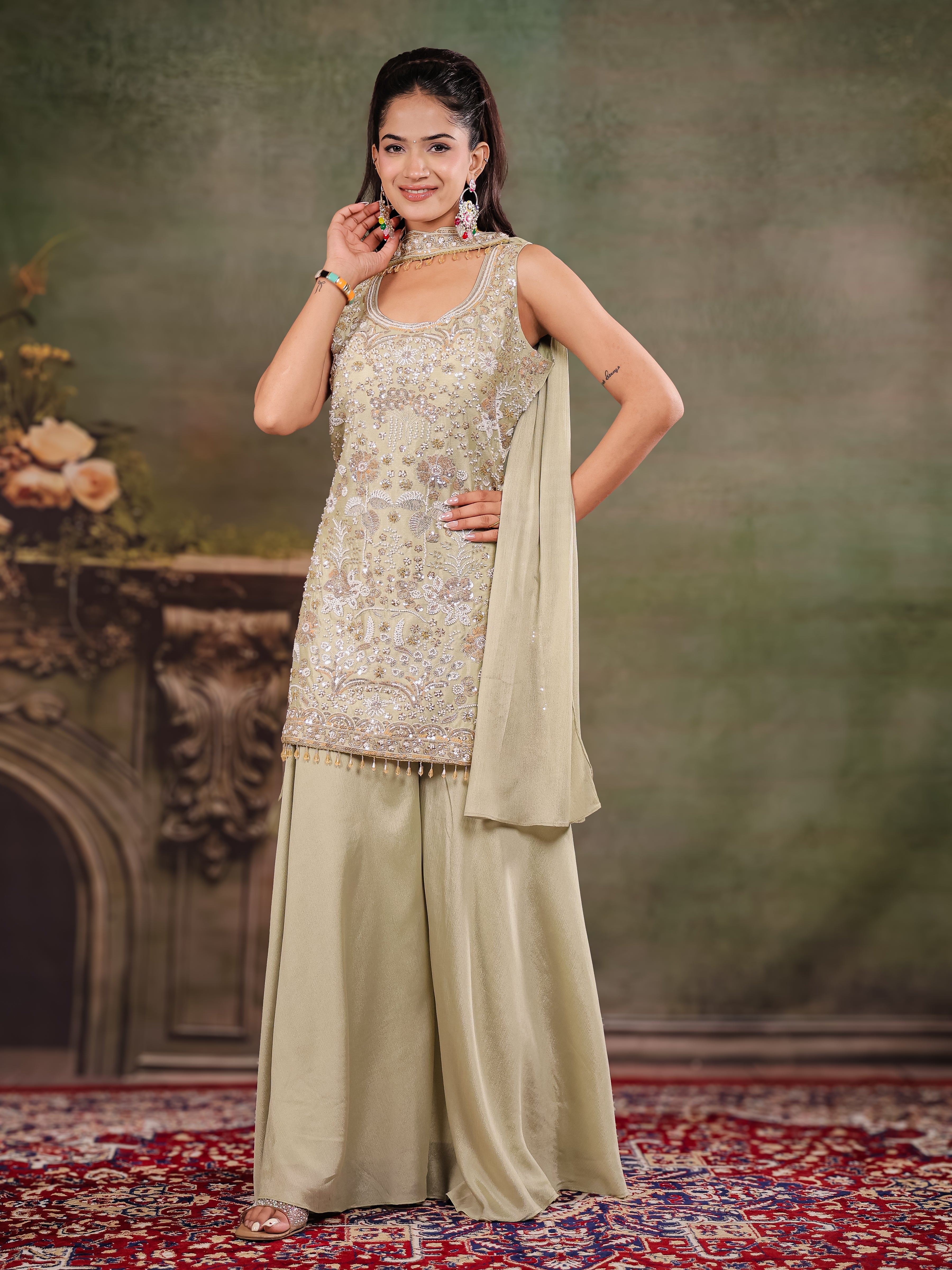 Sage Green Embroidered Kurta Set with Wide-Leg Palazzo & Matching Dupatta