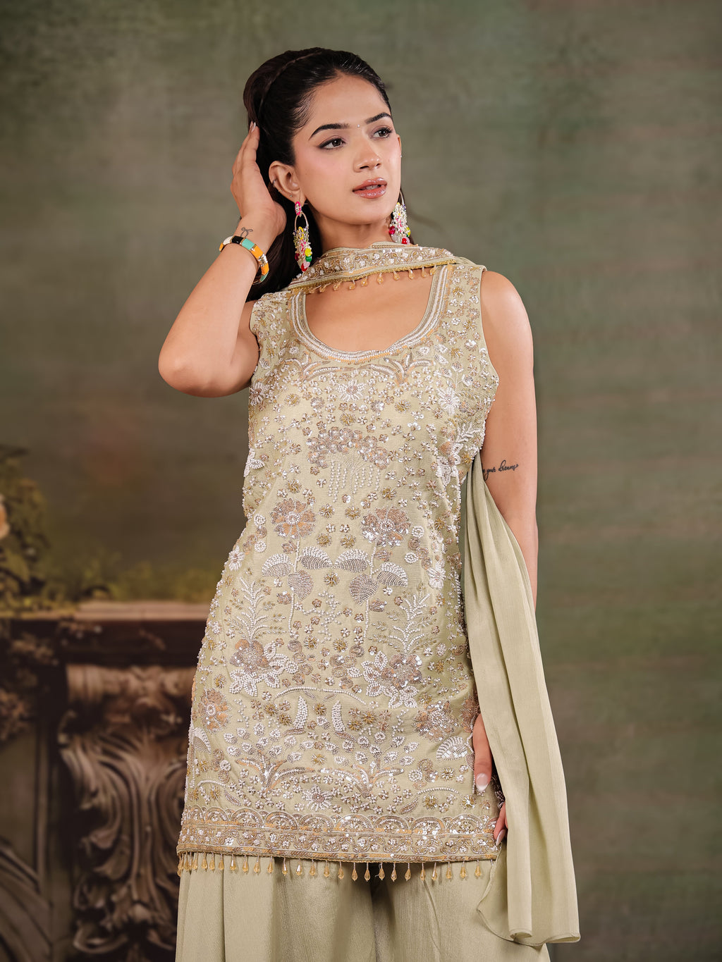 Sage Green Embroidered Kurta Set with Wide-Leg Palazzo & Matching Dupatta