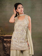 Sage Green Embroidered Kurta Set with Wide-Leg Palazzo & Matching Dupatta
