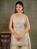 Sage Green Embroidered Kurta Set with Wide-Leg Palazzo & Matching Dupatta