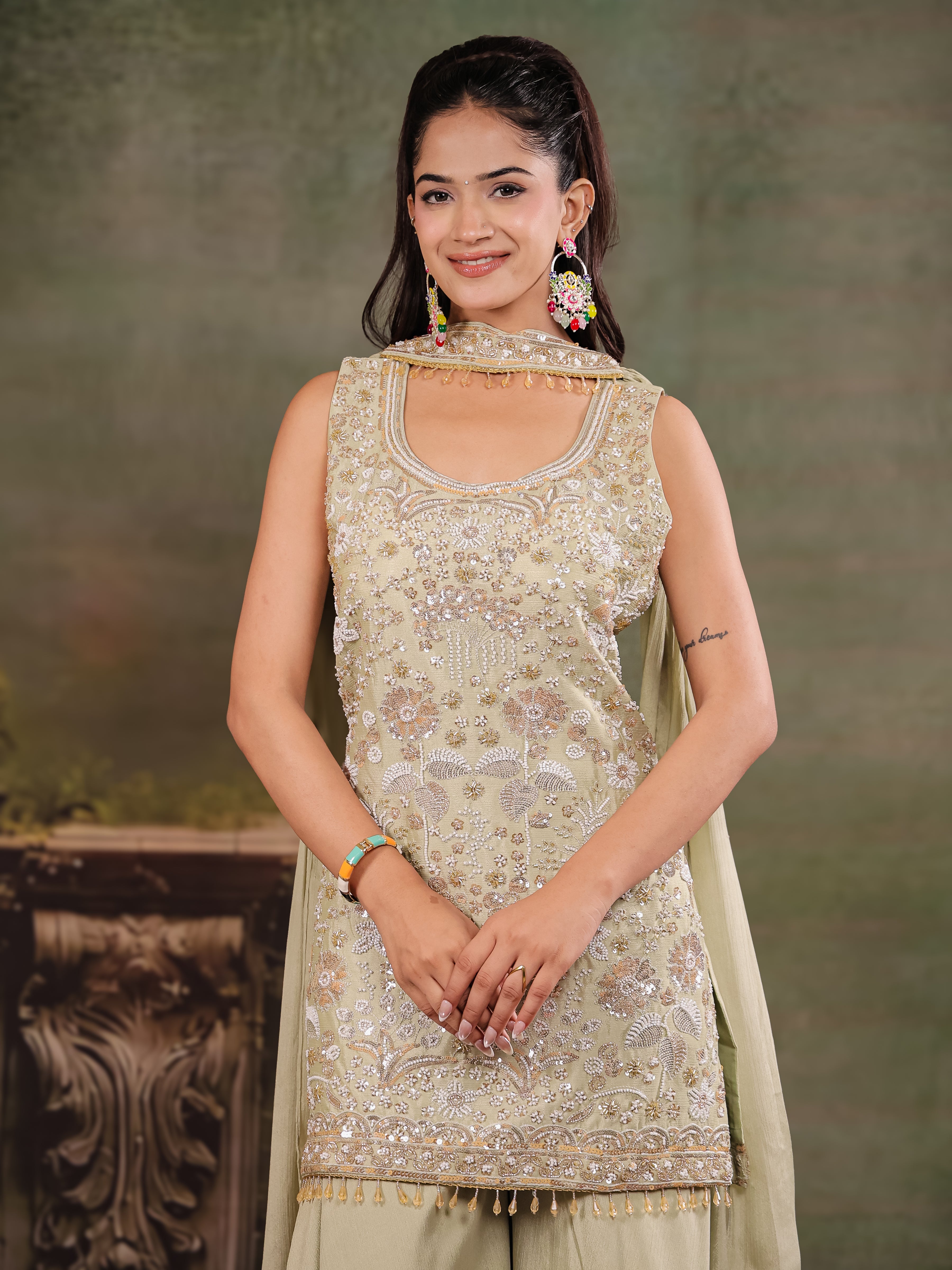Sage Green Embroidered Kurta Set with Wide-Leg Palazzo & Matching Dupatta