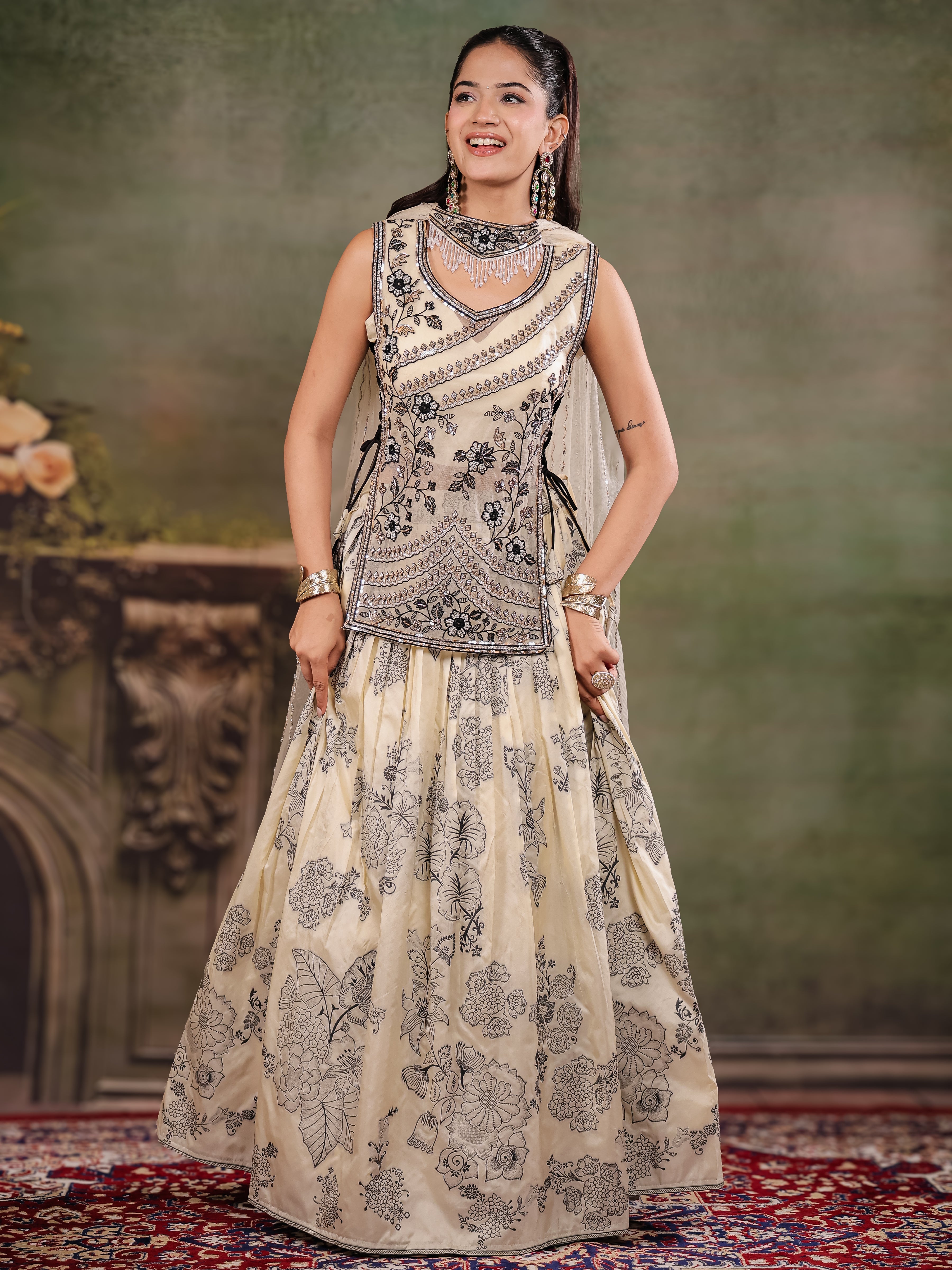 Ivory & Black Floral Printed Lehenga Set with Embroidered Peplum Kurti & Matching Dupatta