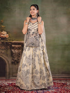 Ivory & Black Floral Printed Lehenga Set with Embroidered Peplum Kurti & Matching Dupatta