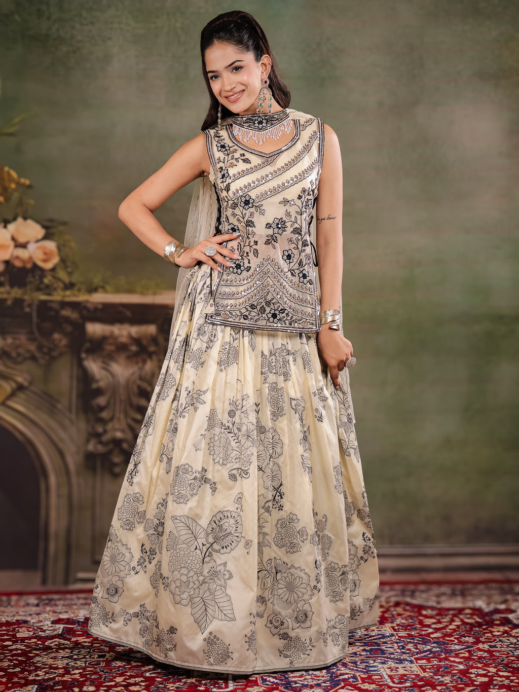 Ivory & Black Floral Printed Lehenga Set with Embroidered Peplum Kurti & Matching Dupatta