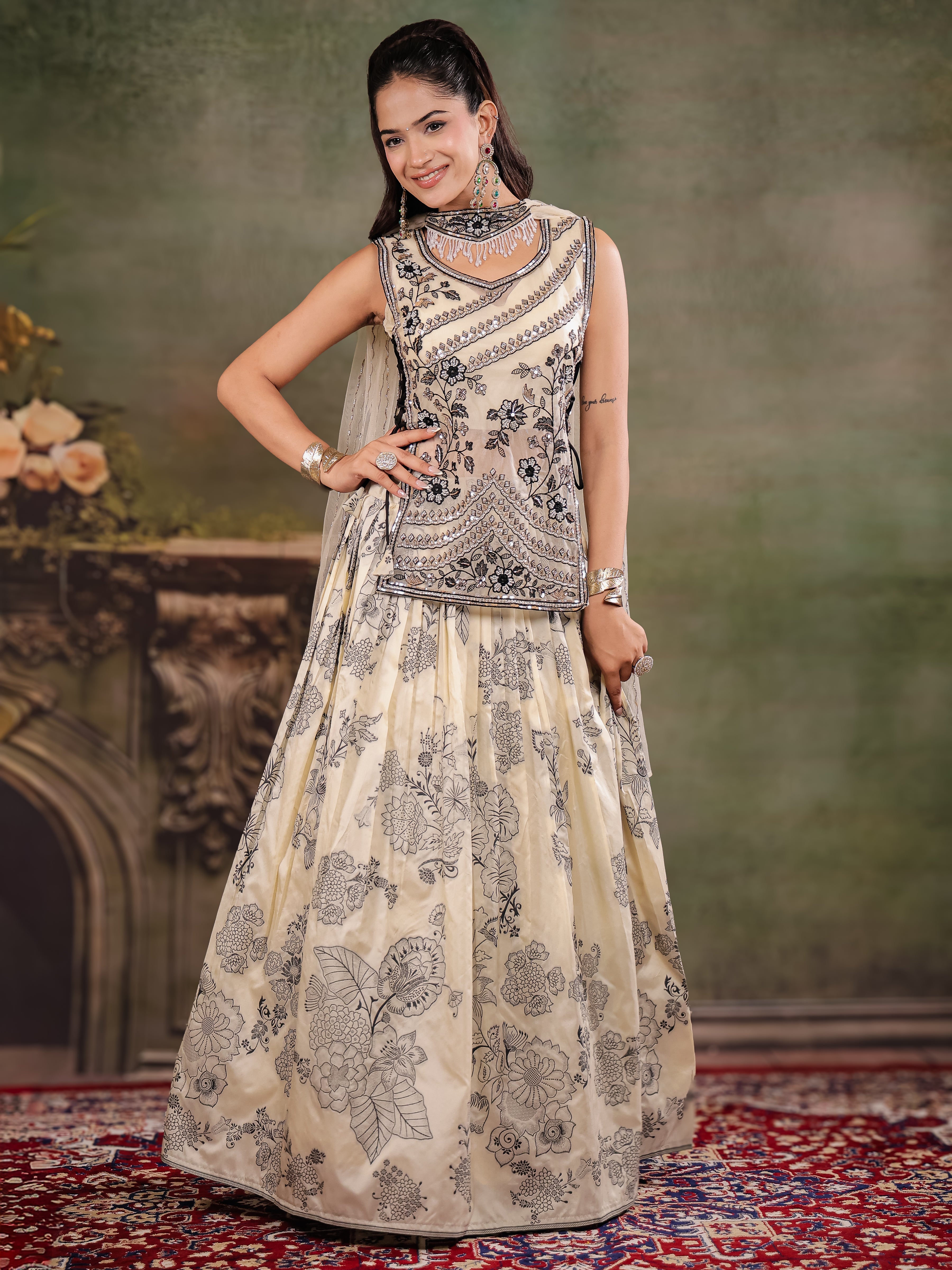 Ivory & Black Floral Printed Lehenga Set with Embroidered Peplum Kurti & Matching Dupatta