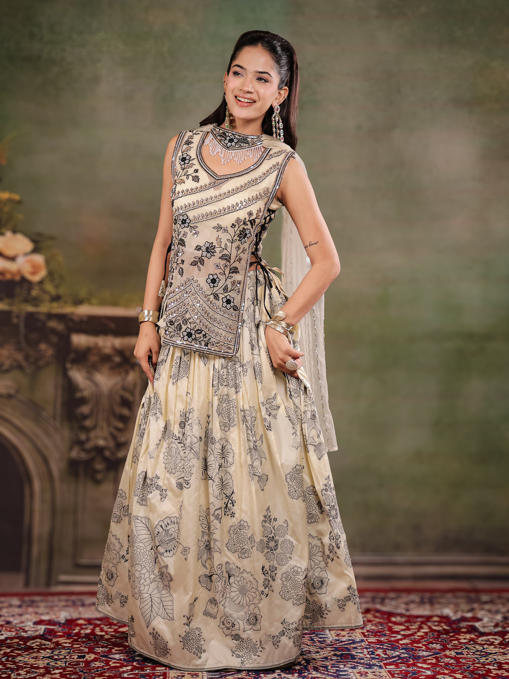 Ivory & Black Floral Printed Lehenga Set with Embroidered Peplum Kurti & Matching Dupatta