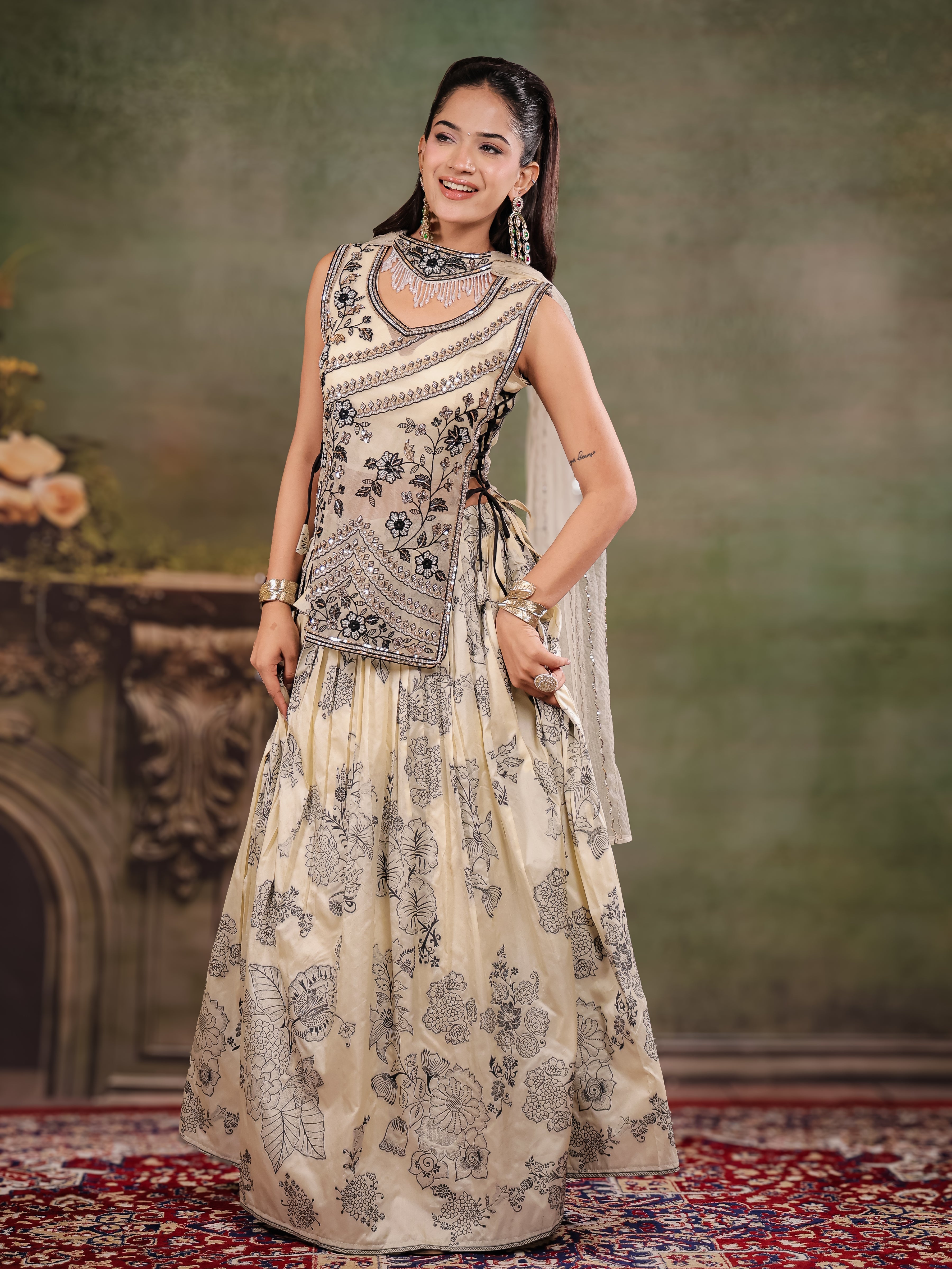 Ivory & Black Floral Printed Lehenga Set with Embroidered Peplum Kurti & Matching Dupatta