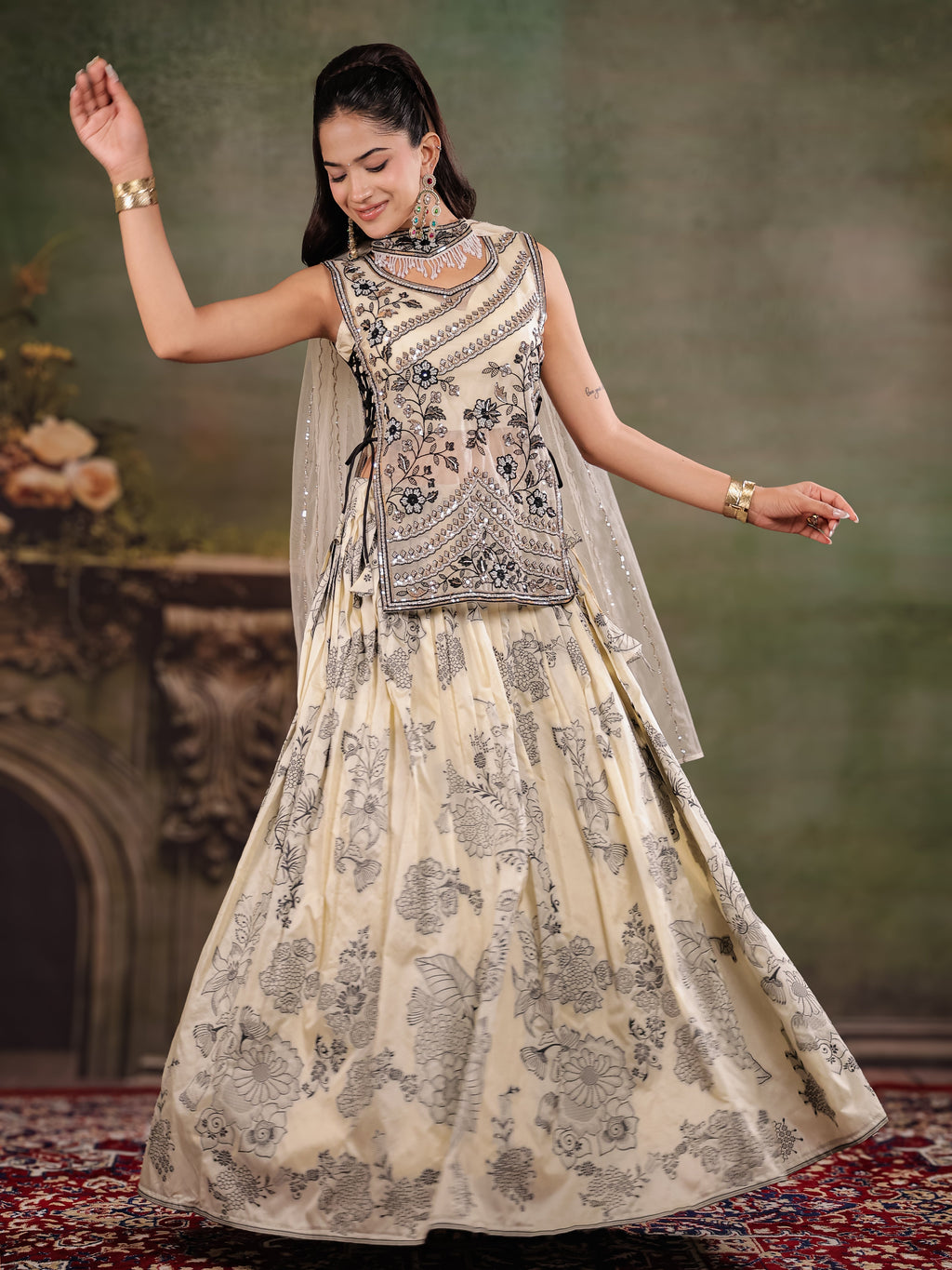 Ivory & Black Floral Printed Lehenga Set with Embroidered Peplum Kurti & Matching Dupatta