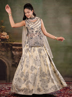 Ivory & Black Floral Printed Lehenga Set with Embroidered Peplum Kurti & Matching Dupatta
