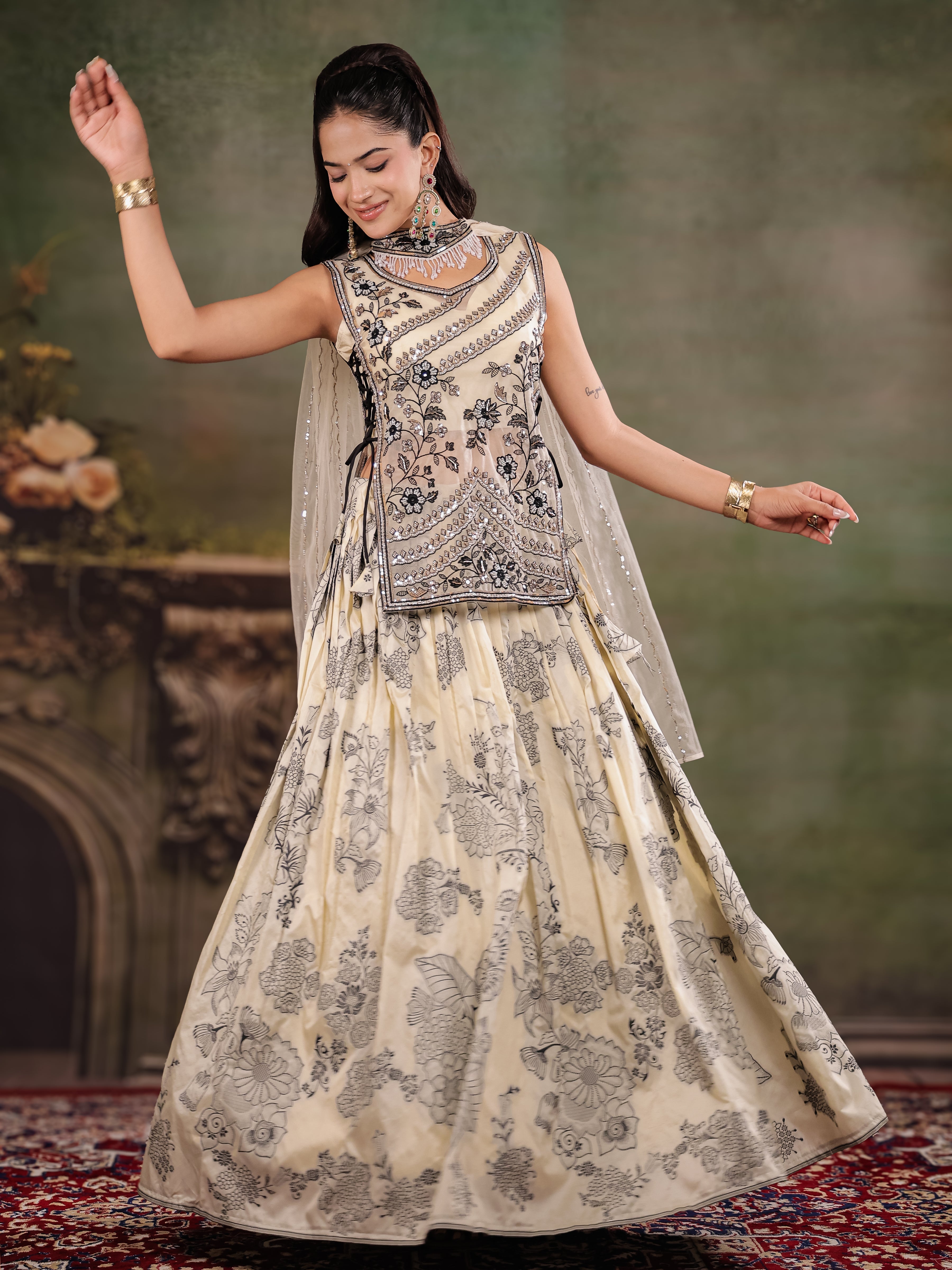 Ivory & Black Floral Printed Lehenga Set with Embroidered Peplum Kurti & Matching Dupatta