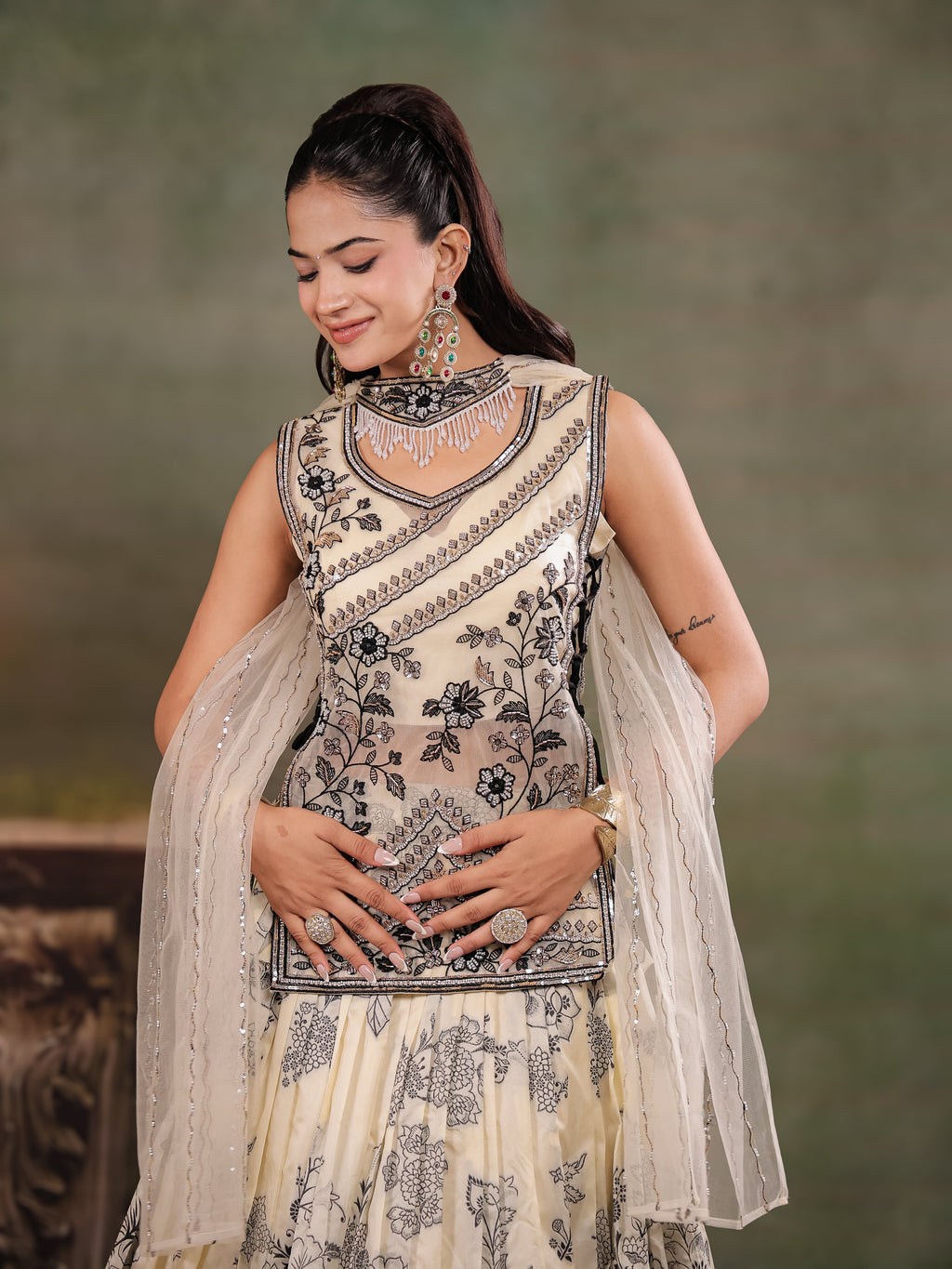 Ivory & Black Floral Printed Lehenga Set with Embroidered Peplum Kurti & Matching Dupatta