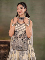 Ivory & Black Floral Printed Lehenga Set with Embroidered Peplum Kurti & Matching Dupatta
