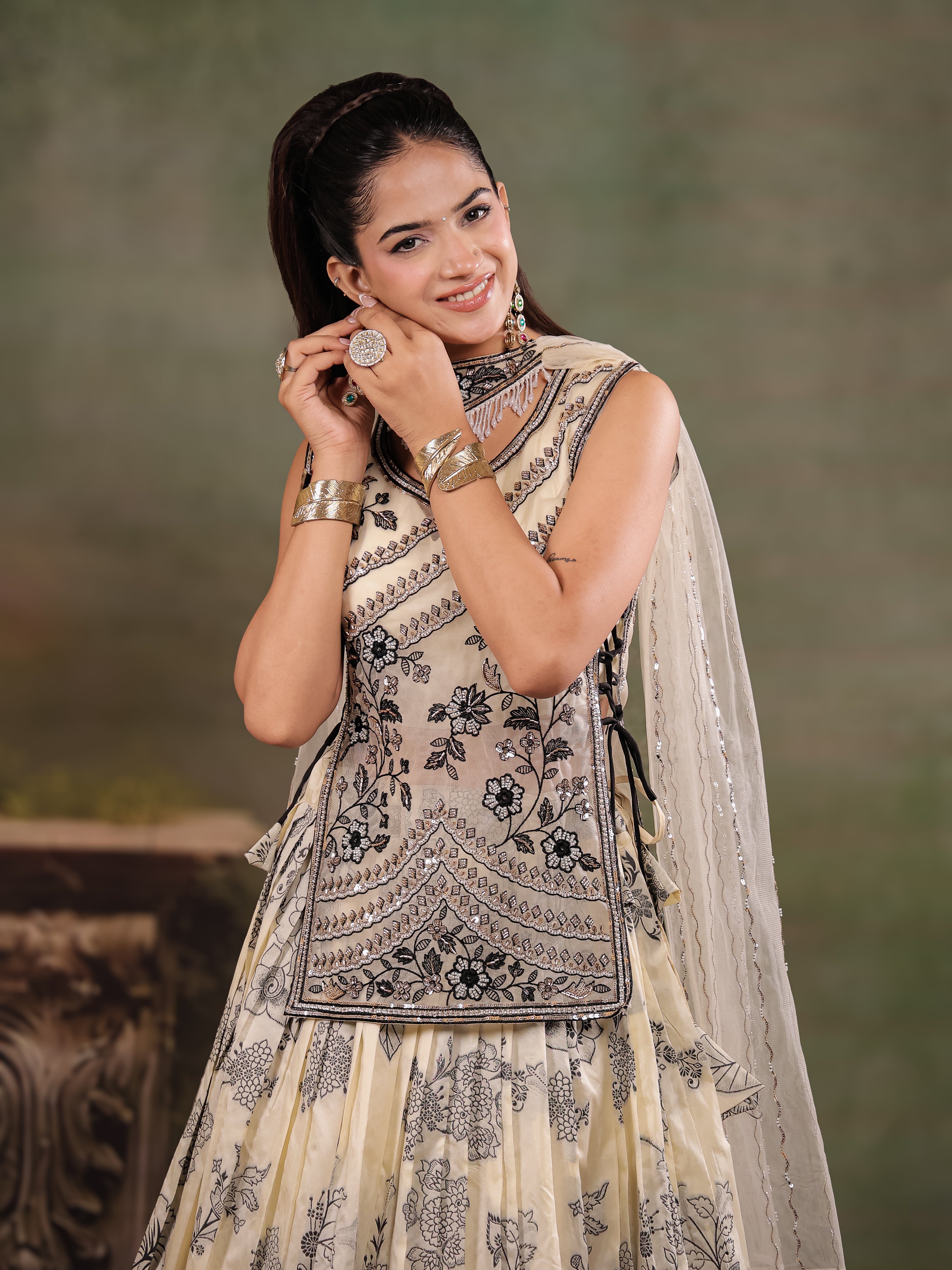Ivory & Black Floral Printed Lehenga Set with Embroidered Peplum Kurti & Matching Dupatta