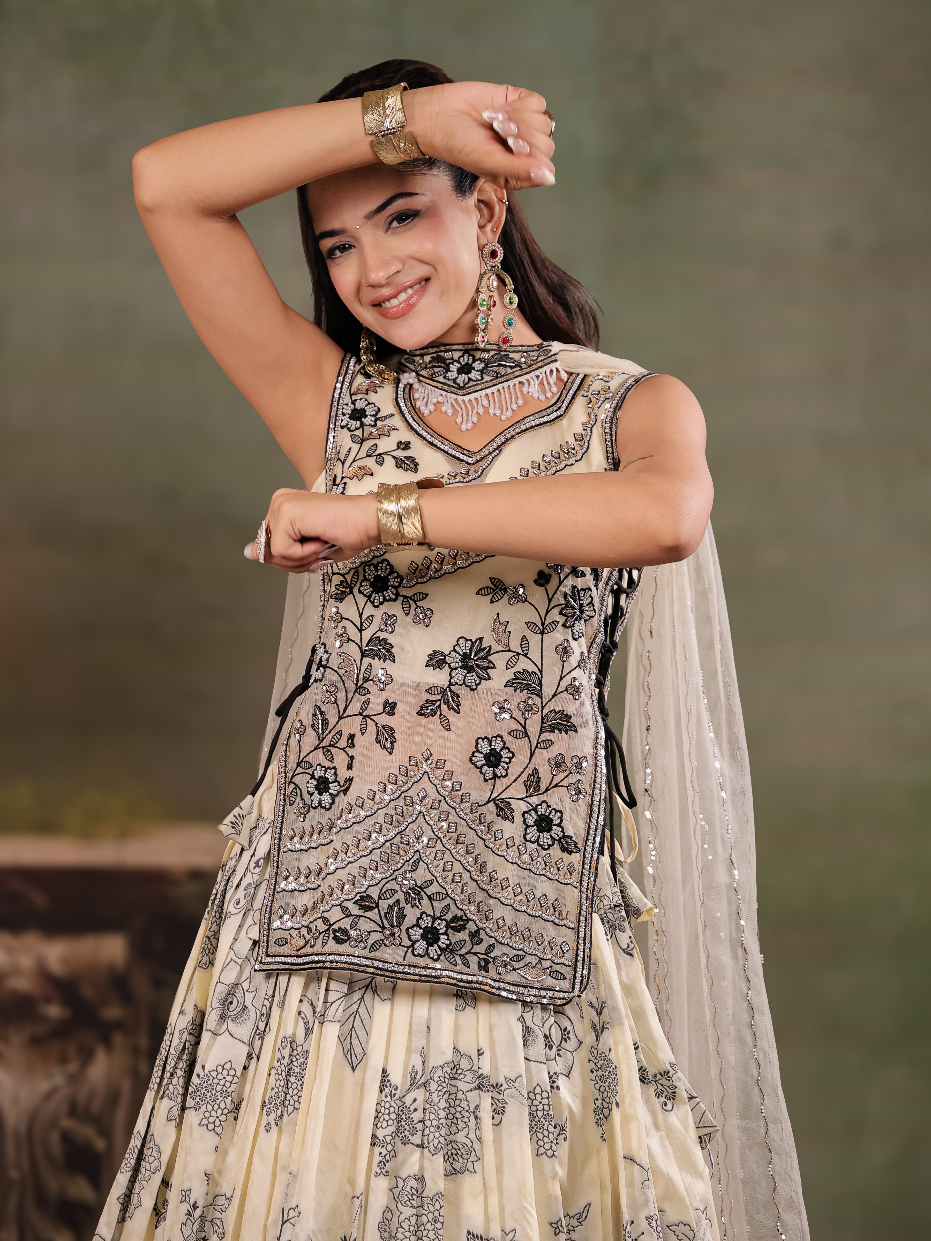 Ivory & Black Floral Printed Lehenga Set with Embroidered Peplum Kurti & Matching Dupatta