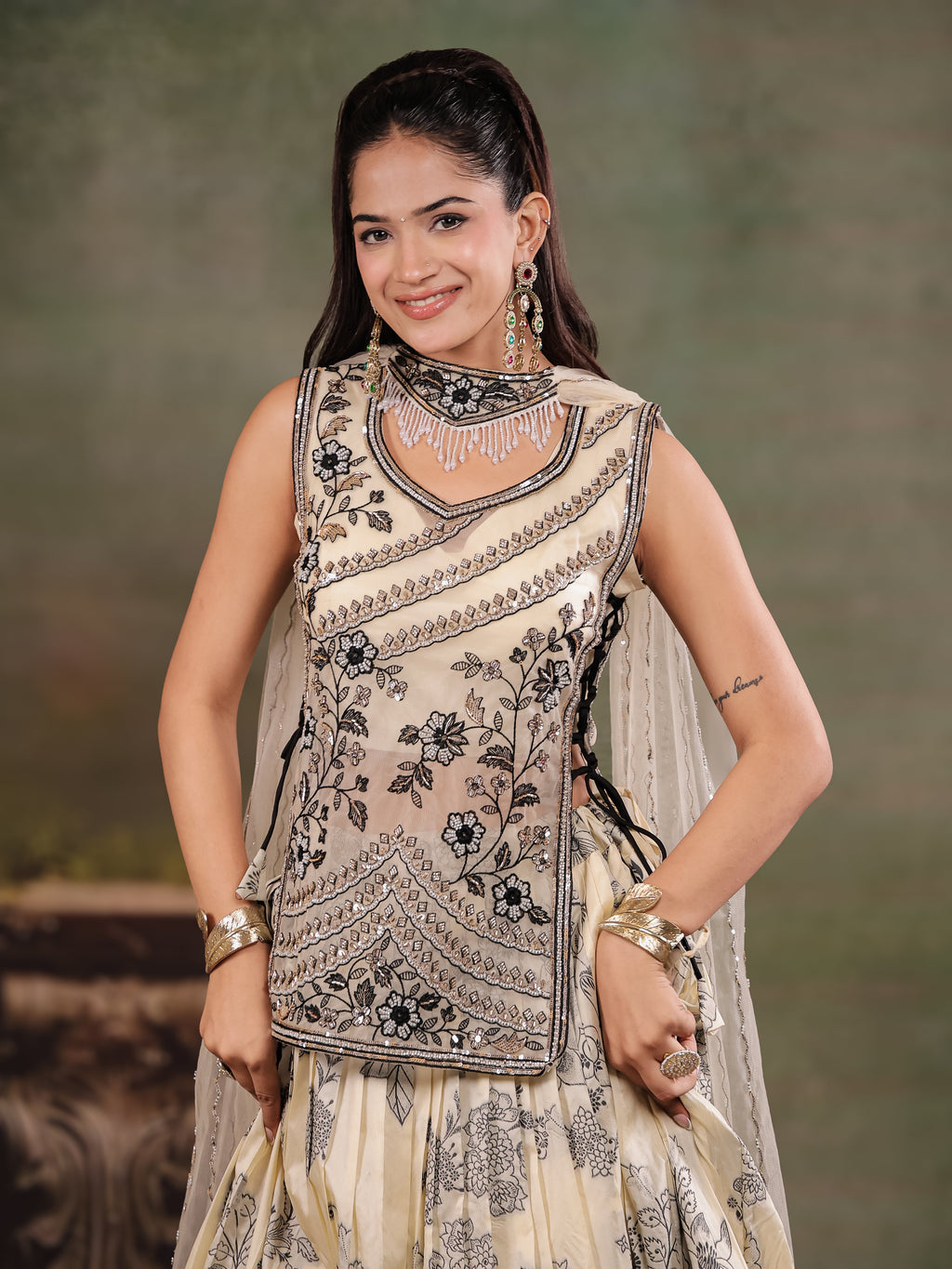 Ivory & Black Floral Printed Lehenga Set with Embroidered Peplum Kurti & Matching Dupatta
