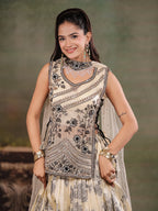 Ivory & Black Floral Printed Lehenga Set with Embroidered Peplum Kurti & Matching Dupatta