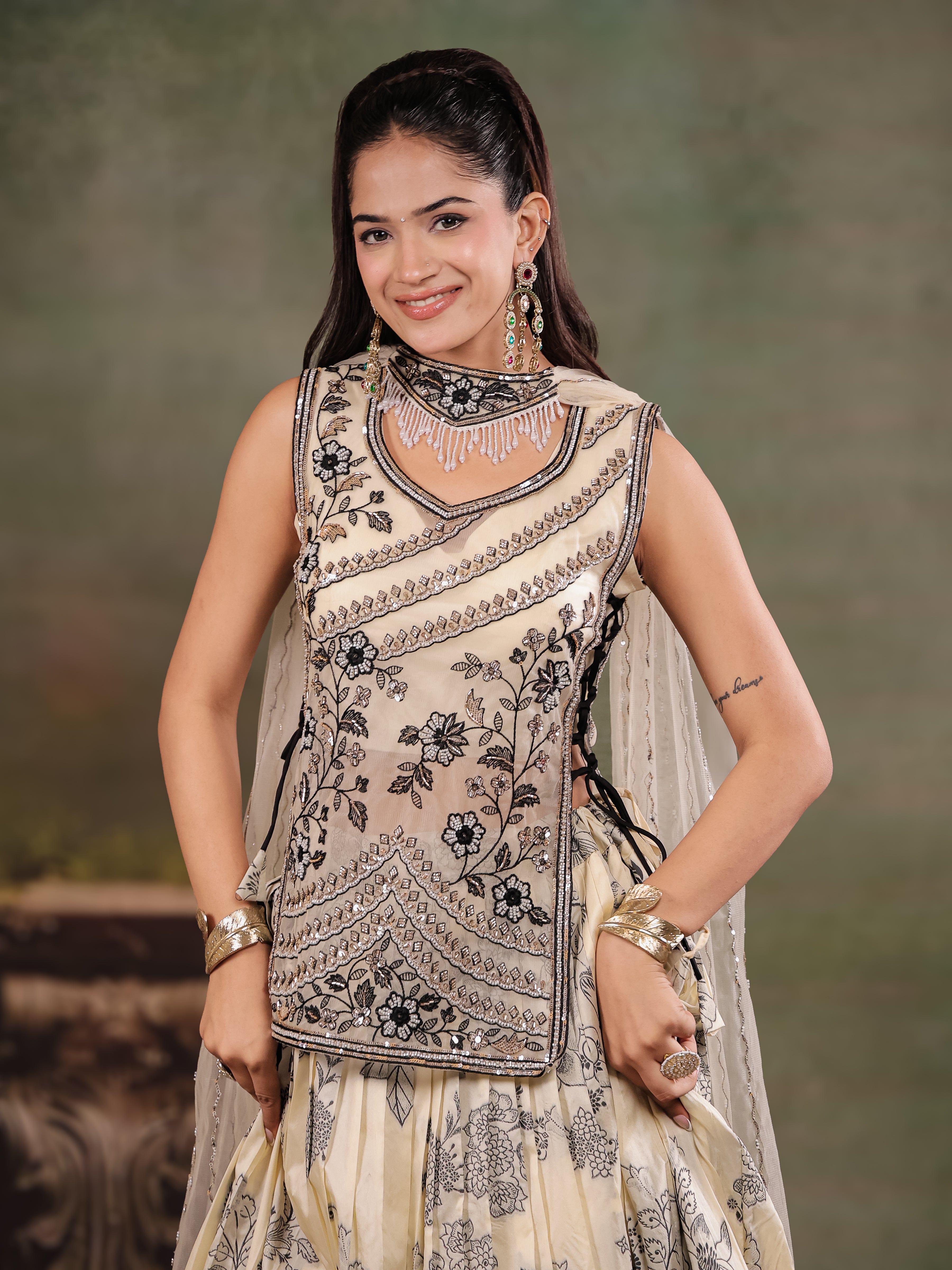 Ivory & Black Floral Printed Lehenga Set with Embroidered Peplum Kurti & Matching Dupatta