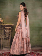 Dusty Rose & Black Floral Printed Lehenga Set with Embroidered Peplum Kurti & Matching Dupatta