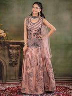 Dusty Rose & Black Floral Printed Lehenga Set with Embroidered Peplum Kurti & Matching Dupatta