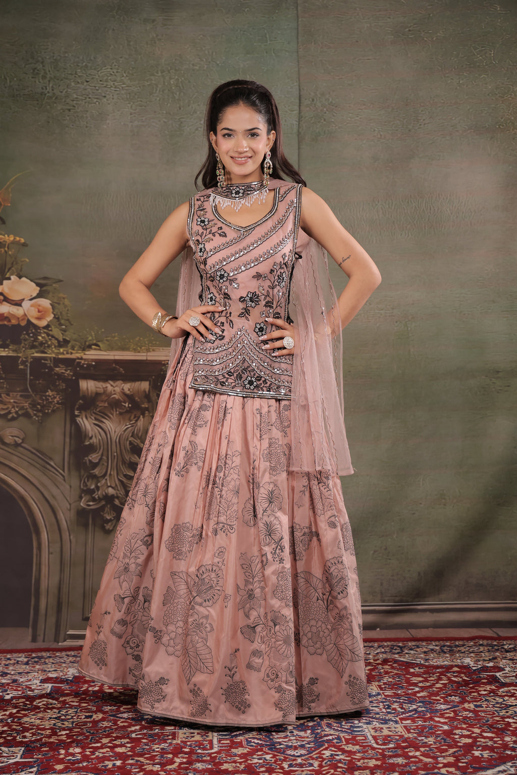 Dusty Rose & Black Floral Printed Lehenga Set with Embroidered Peplum Kurti & Matching Dupatta