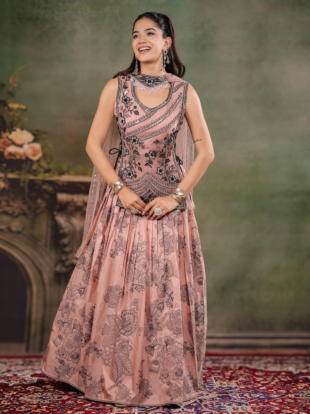 Dusty Rose & Black Floral Printed Lehenga Set with Embroidered Peplum Kurti & Matching Dupatta