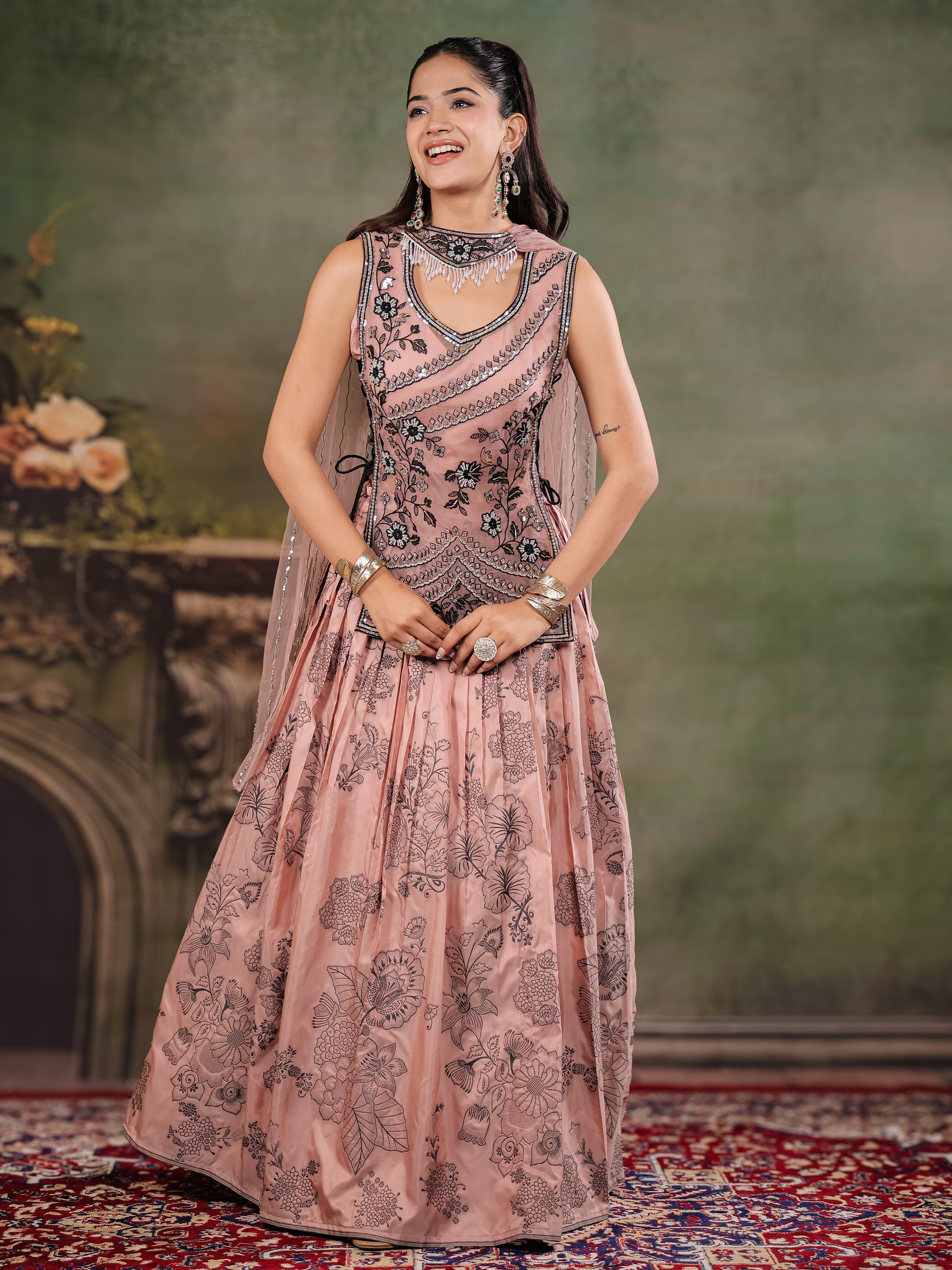 Dusty Rose & Black Floral Printed Lehenga Set with Embroidered Peplum Kurti & Matching Dupatta