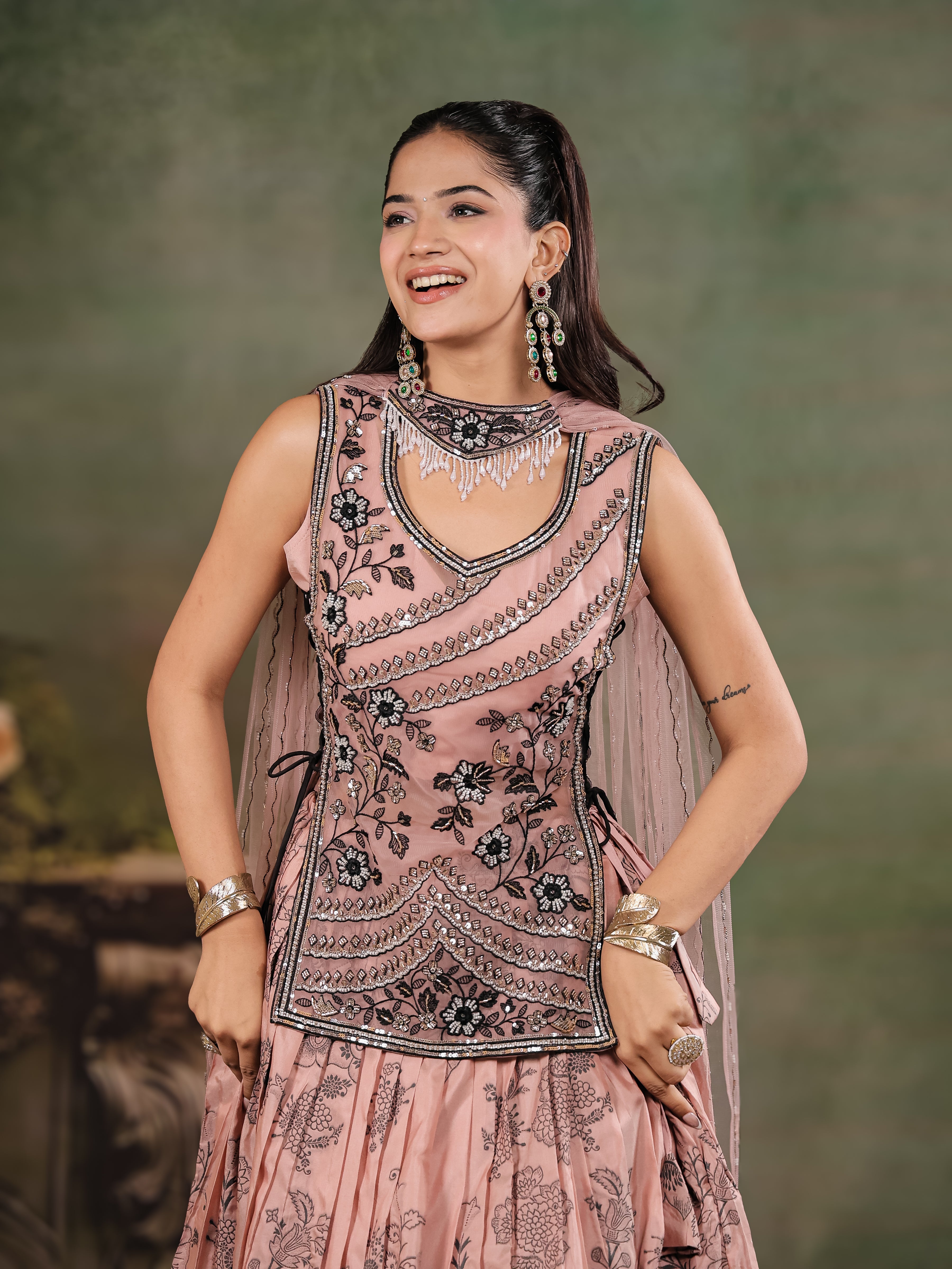 Dusty Rose & Black Floral Printed Lehenga Set with Embroidered Peplum Kurti & Matching Dupatta