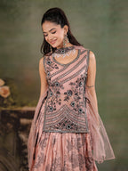 Dusty Rose & Black Floral Printed Lehenga Set with Embroidered Peplum Kurti & Matching Dupatta