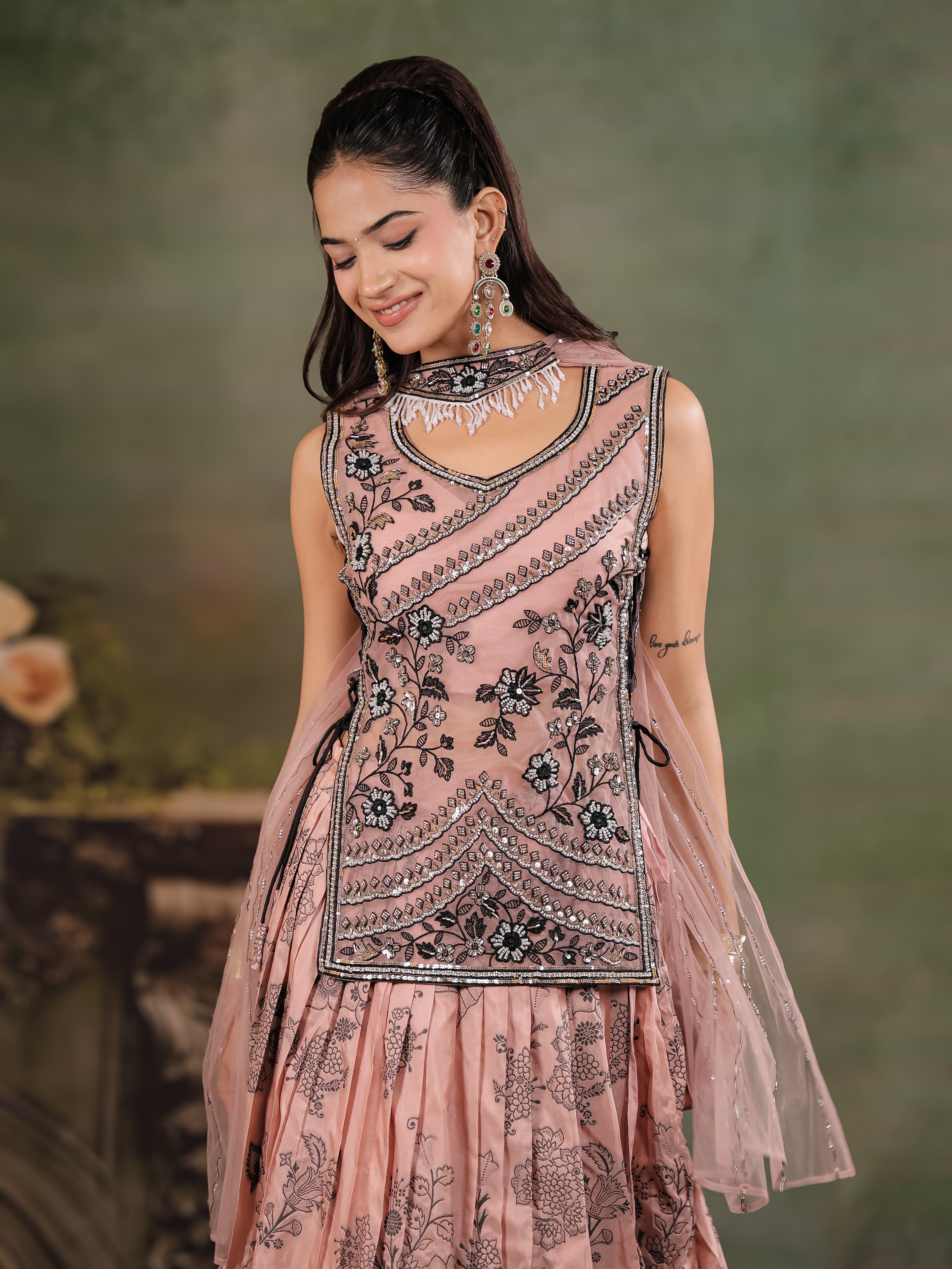 Dusty Rose & Black Floral Printed Lehenga Set with Embroidered Peplum Kurti & Matching Dupatta