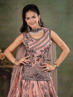 Dusty Rose & Black Floral Printed Lehenga Set with Embroidered Peplum Kurti & Matching Dupatta
