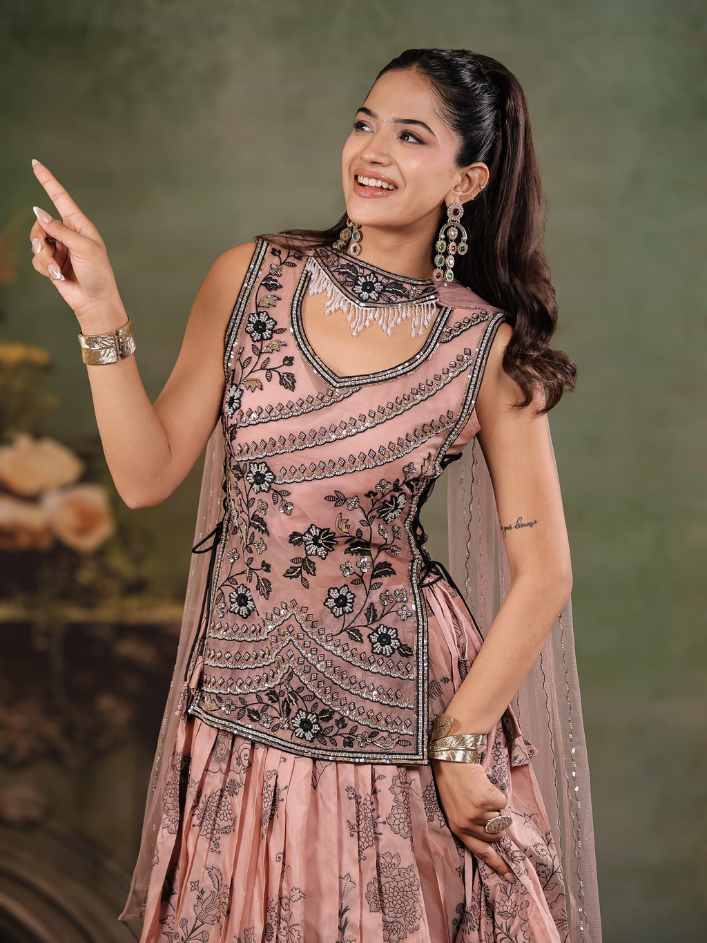 Dusty Rose & Black Floral Printed Lehenga Set with Embroidered Peplum Kurti & Matching Dupatta