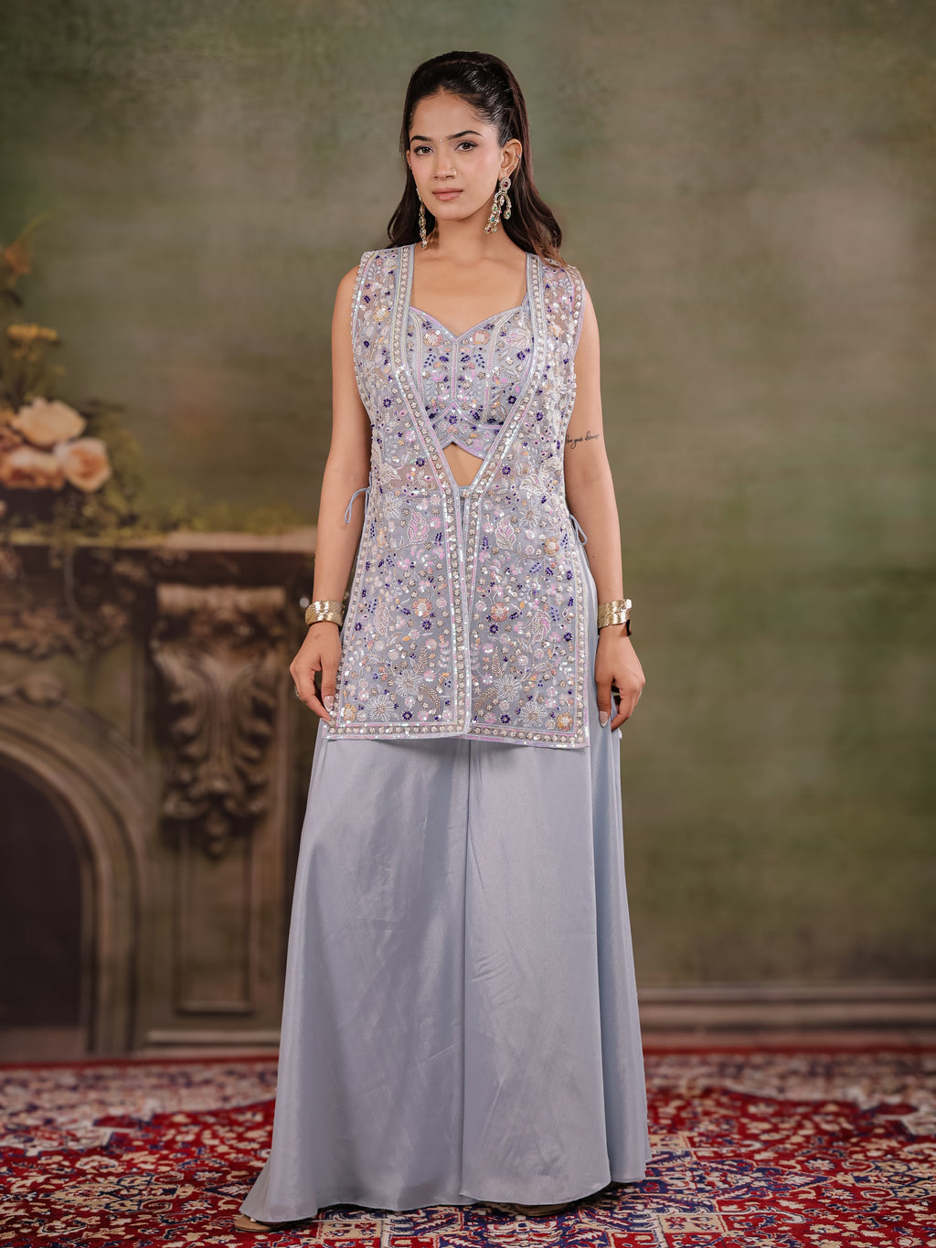 Powder Blue Embroidered Three-Piece Co-Ord Set with Designer Overlay & Wide-Leg Palazzo