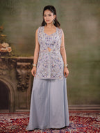 Powder Blue Embroidered Three-Piece Co-Ord Set with Designer Overlay & Wide-Leg Palazzo